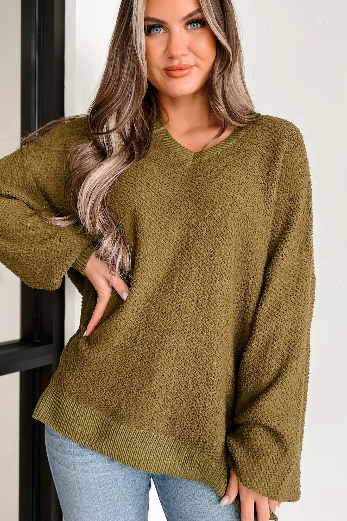 Sincerely Snuggly Hooded Popcorn Texture Sweater (Olive)