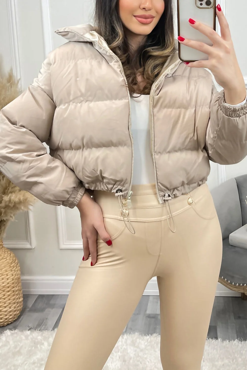 Stone Cropped Drawstring Puffer Coat