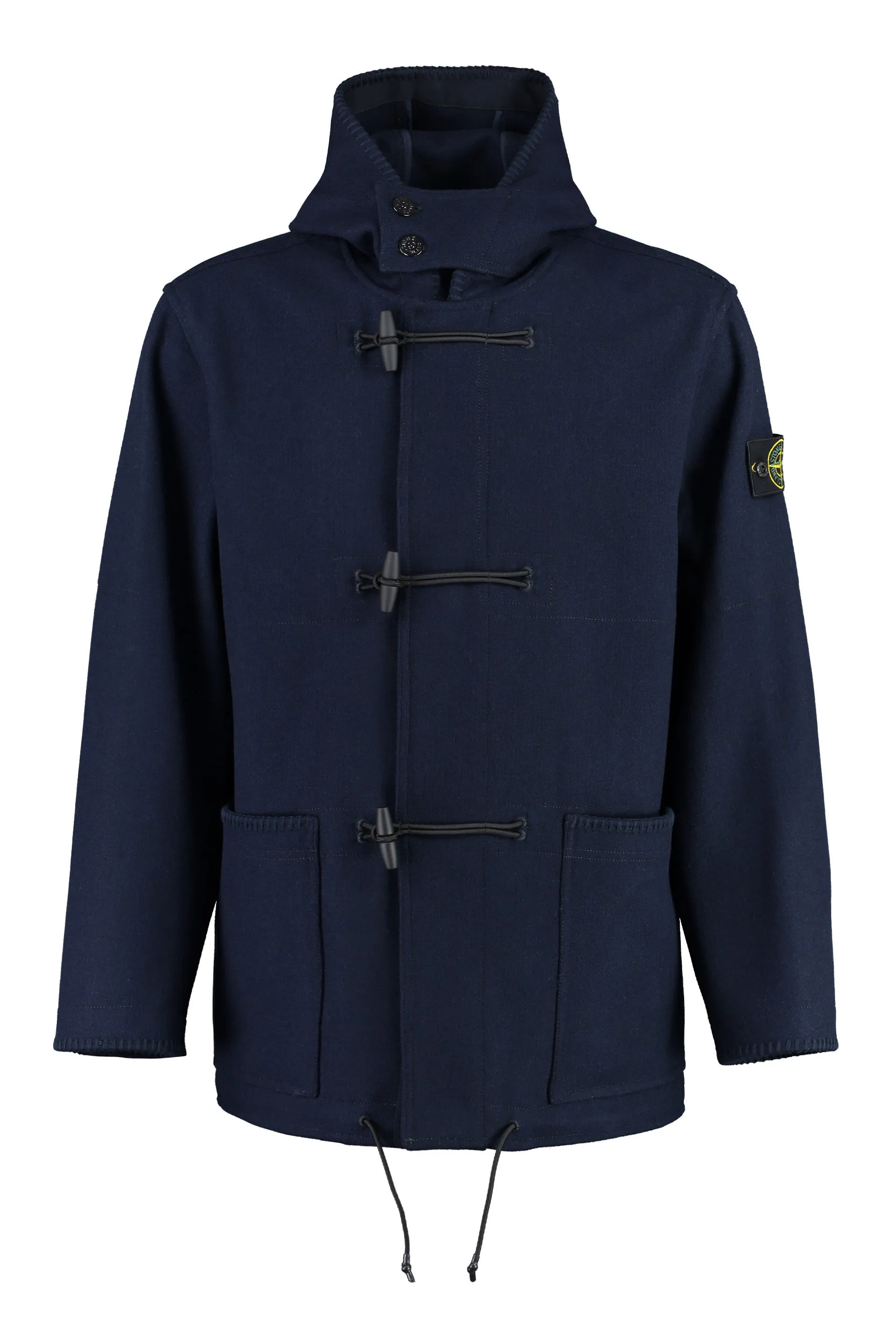 STONE ISLAND Mens Blue Wool Blend FW23 Jacket with Removable Logo Patch and Antler Fastening