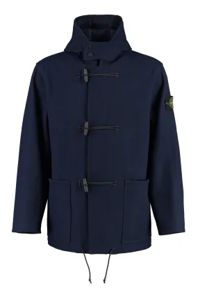 STONE ISLAND Mens Blue Wool Blend FW23 Jacket with Removable Logo Patch and Antler Fastening