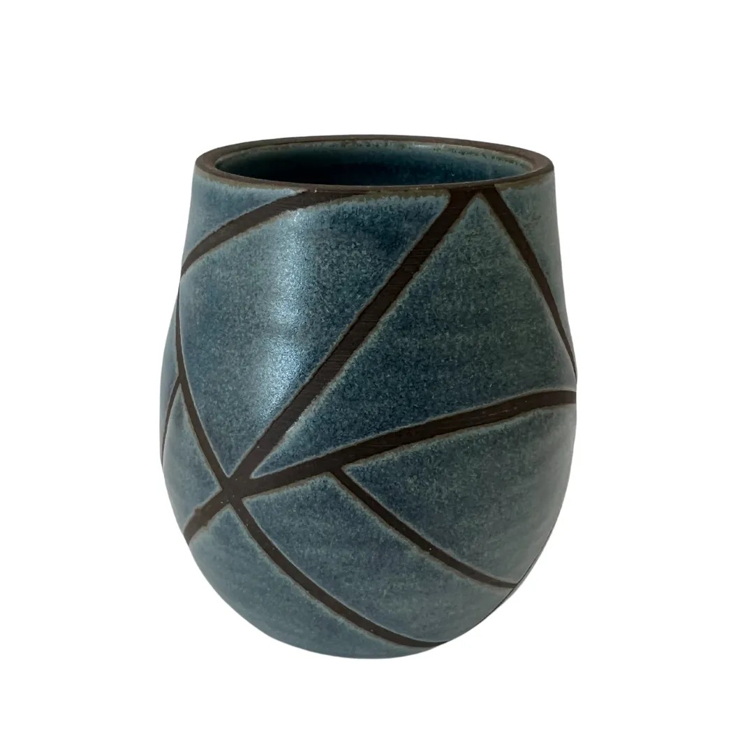 Tape Master Blue on Black Clay Vessel by Lisette Bedoya