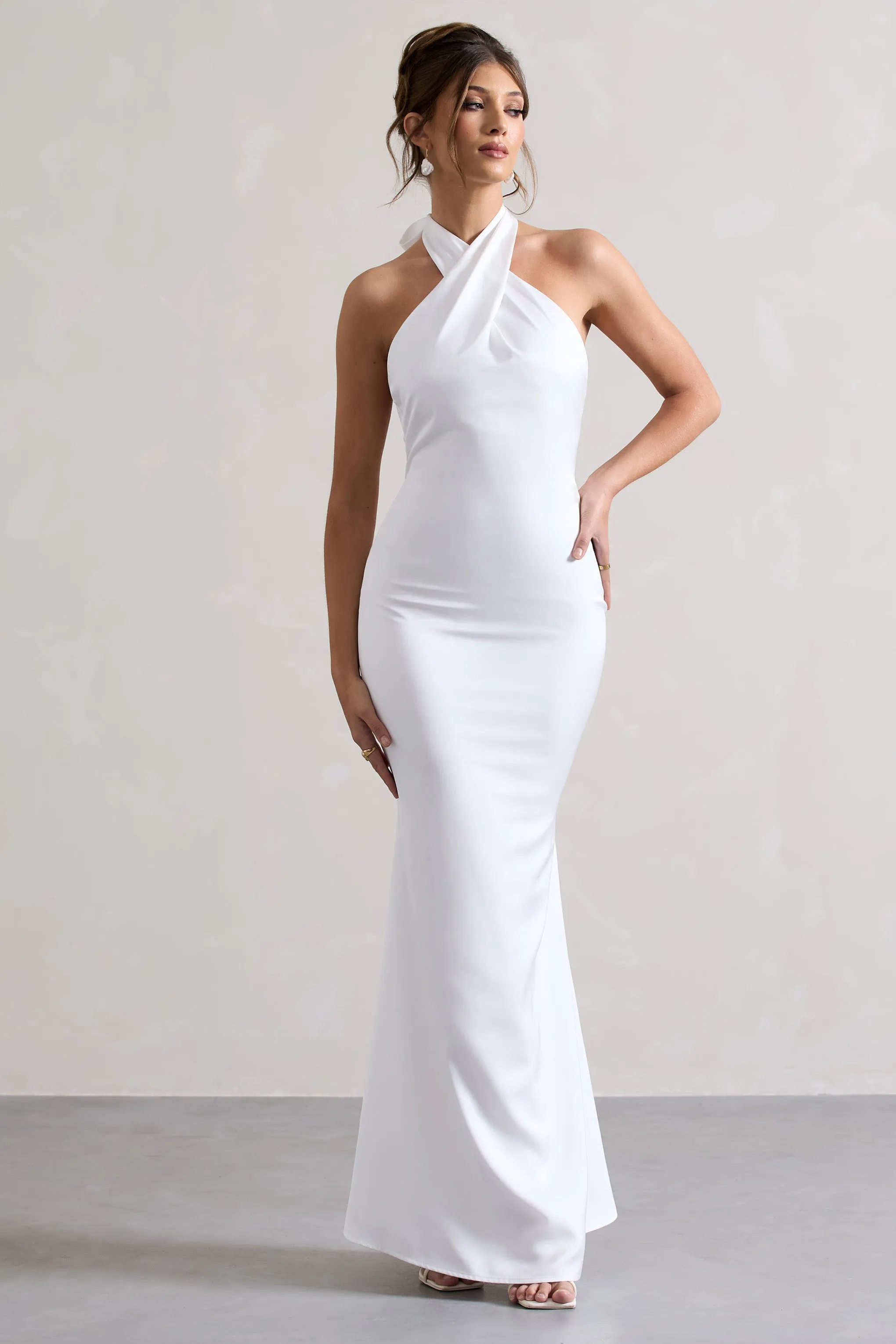 Unbeatable | White Satin Cross Over Halter-Neck Maxi Dress