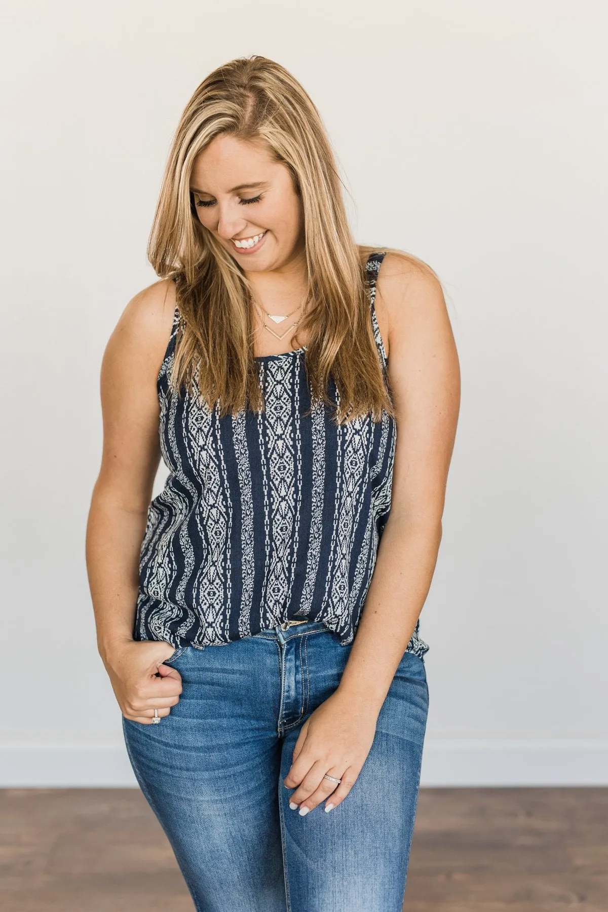 Until We Meet Again Printed Tank Top- Dark Navy & Ivory