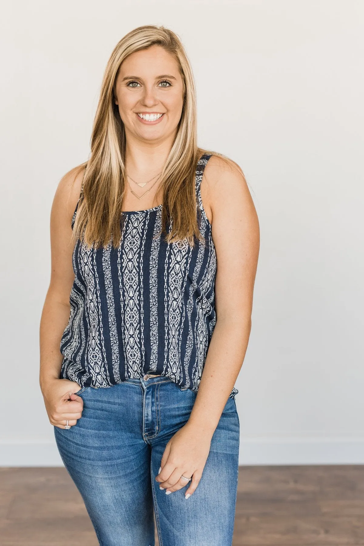 Until We Meet Again Printed Tank Top- Dark Navy & Ivory