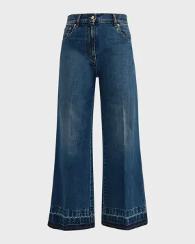 V-Logo High-Rise Wide-Leg Crop Released-Hem Jeans