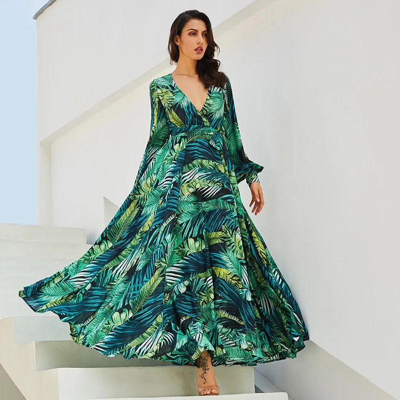 V-Neck Floral Print Ruffle Beach Long A-Line Bishop Sleeve Street Wear Casual Party Dress Robe