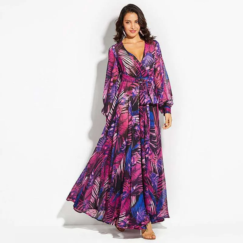 V-Neck Floral Print Ruffle Beach Long A-Line Bishop Sleeve Street Wear Casual Party Dress Robe