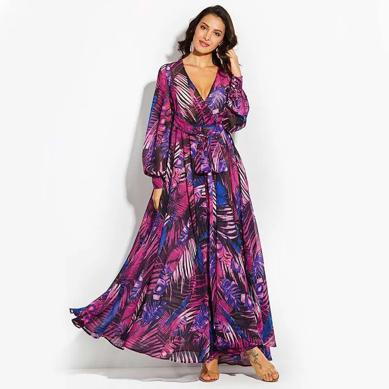 V-Neck Floral Print Ruffle Beach Long A-Line Bishop Sleeve Street Wear Casual Party Dress Robe