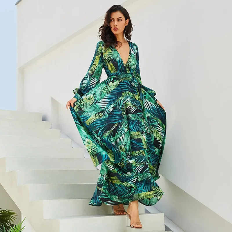 V-Neck Floral Print Ruffle Beach Long A-Line Bishop Sleeve Street Wear Casual Party Dress Robe