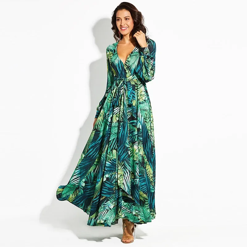 V-Neck Floral Print Ruffle Beach Long A-Line Bishop Sleeve Street Wear Casual Party Dress Robe