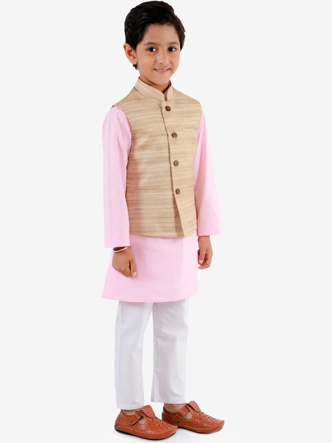 Vastramay Boys Beige, Pink And White Jacket, Kurta and Pyjama Set