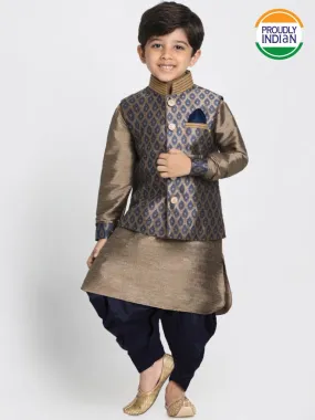 VASTRAMAY Boys' Gold Cotton Silk Blend Ethnic Jacket, Kurta and Dhoti Pant Set