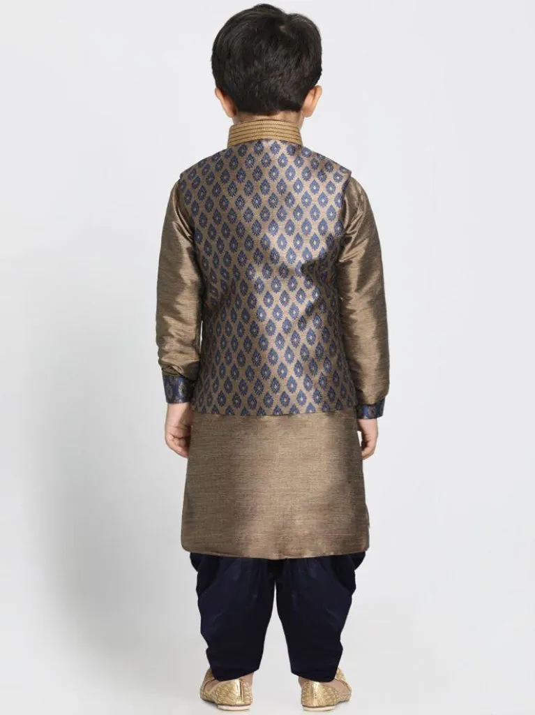 VASTRAMAY Boys' Gold Cotton Silk Blend Ethnic Jacket, Kurta and Dhoti Pant Set