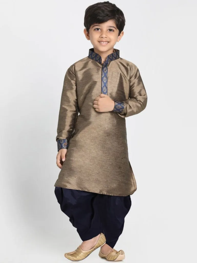 VASTRAMAY Boys' Gold Cotton Silk Blend Ethnic Jacket, Kurta and Dhoti Pant Set