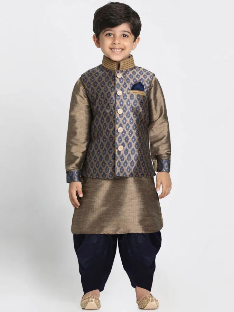 VASTRAMAY Boys' Gold Cotton Silk Blend Ethnic Jacket, Kurta and Dhoti Pant Set