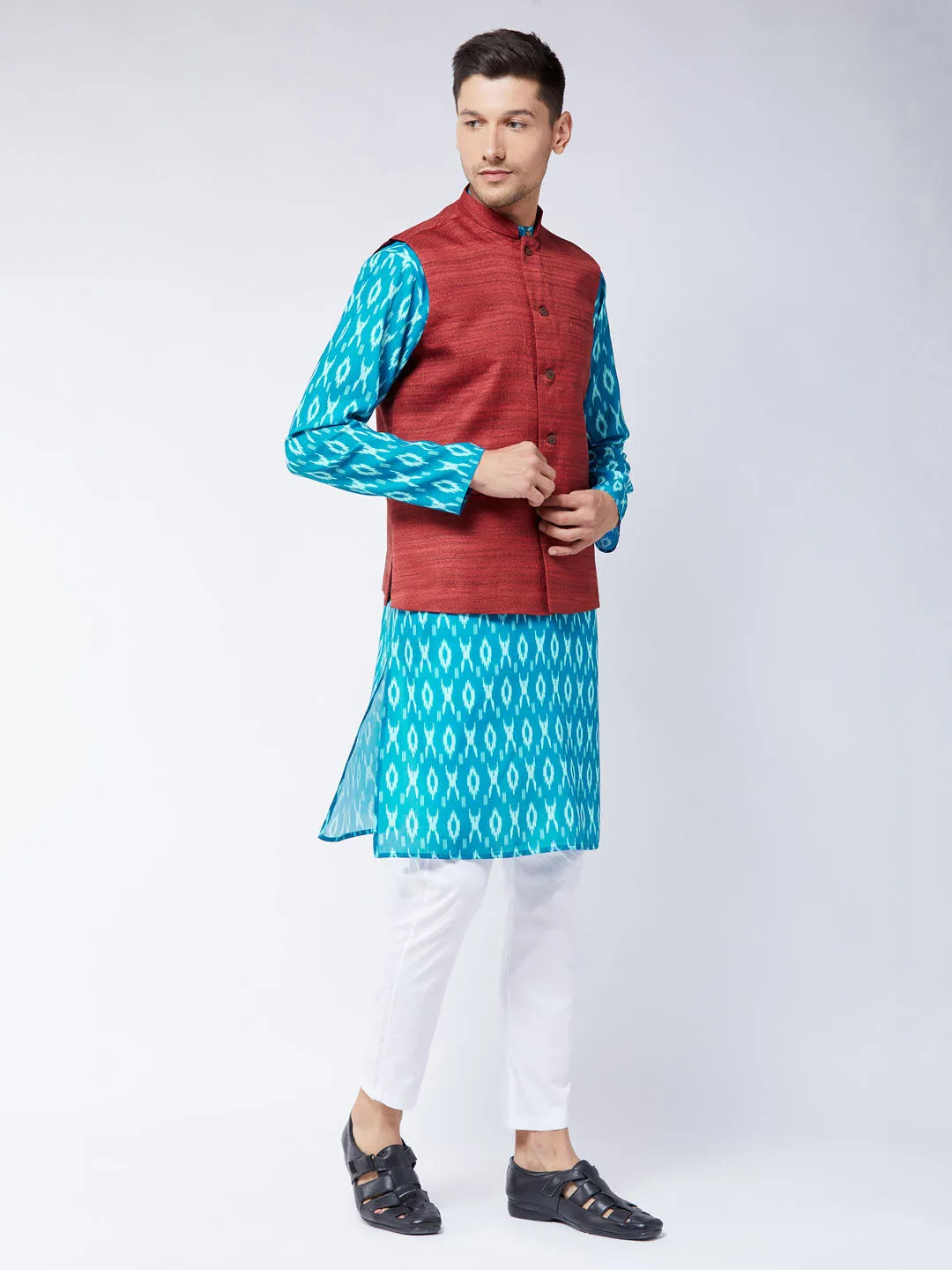 VASTRAMAY Men's Maroon Silk Blend Ethnic Jacket With Turquoise And White Kurta Pyjama Set