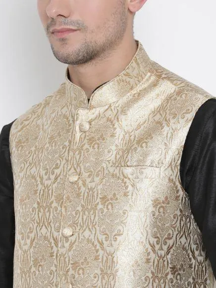 VASTRAMAY Men's Rose Gold Jacquard Jacket With Kurta Pyjama Set