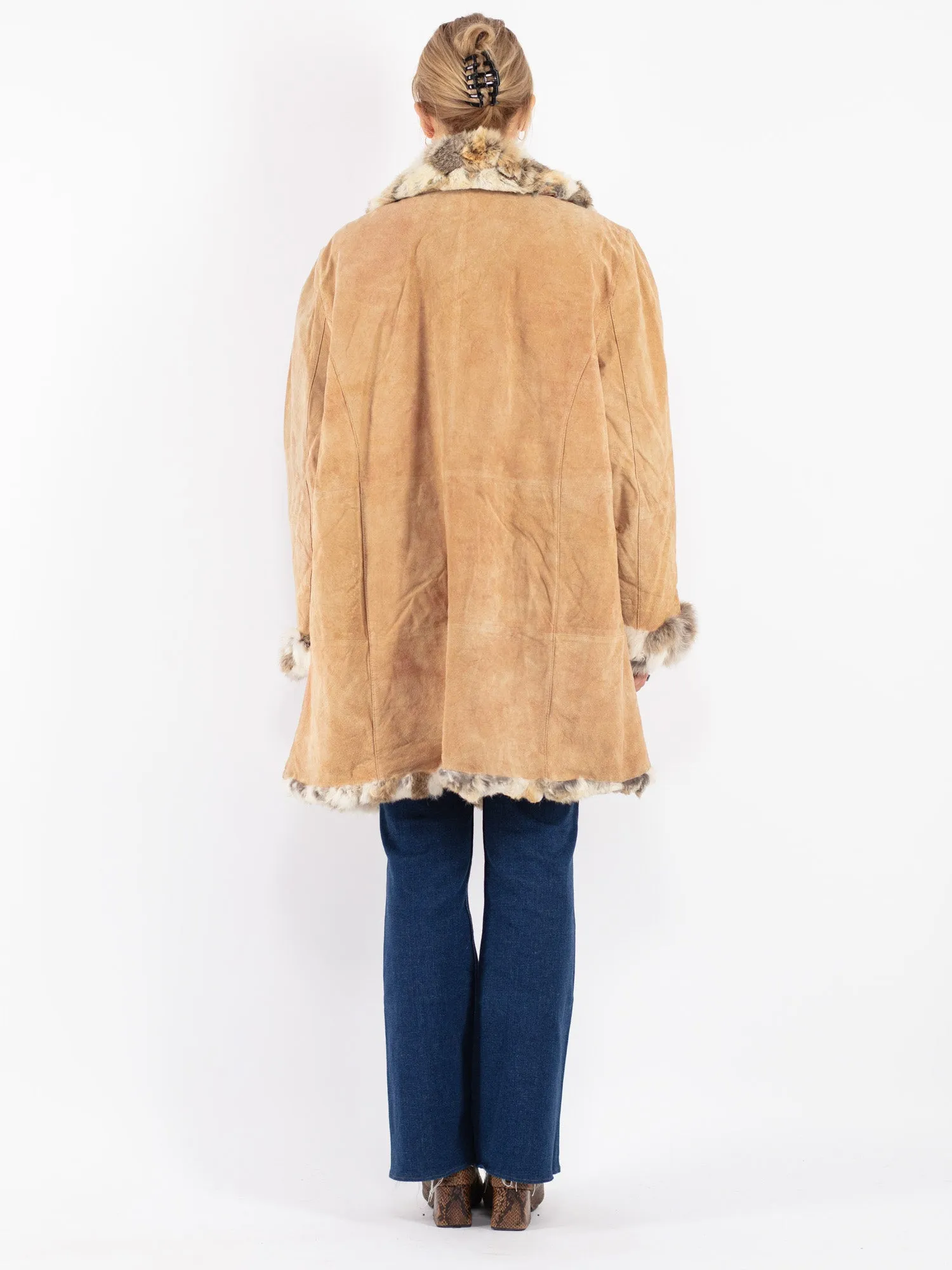 Vintage 90's Women Suede Fur Coat in Beige