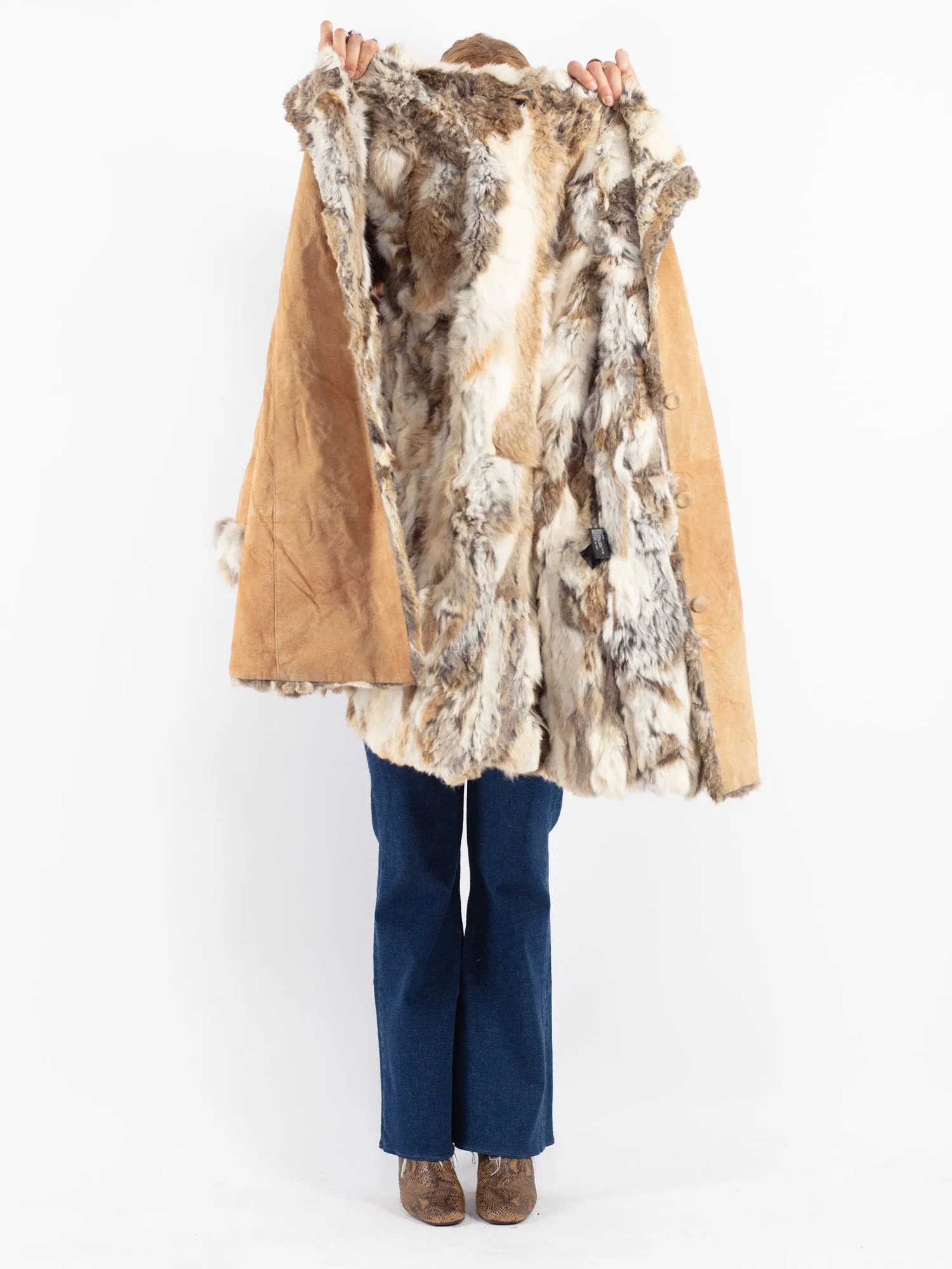 Vintage 90's Women Suede Fur Coat in Beige