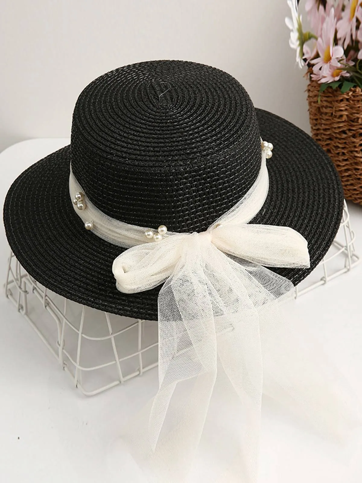 Vintage Pearl Sheer Ribbon Ruffia Hat