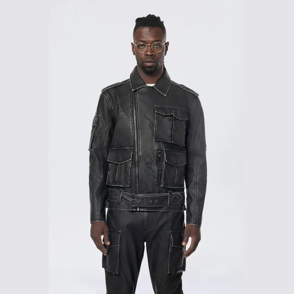 Washed Vegan Leather Biker Jacket - Washed Black