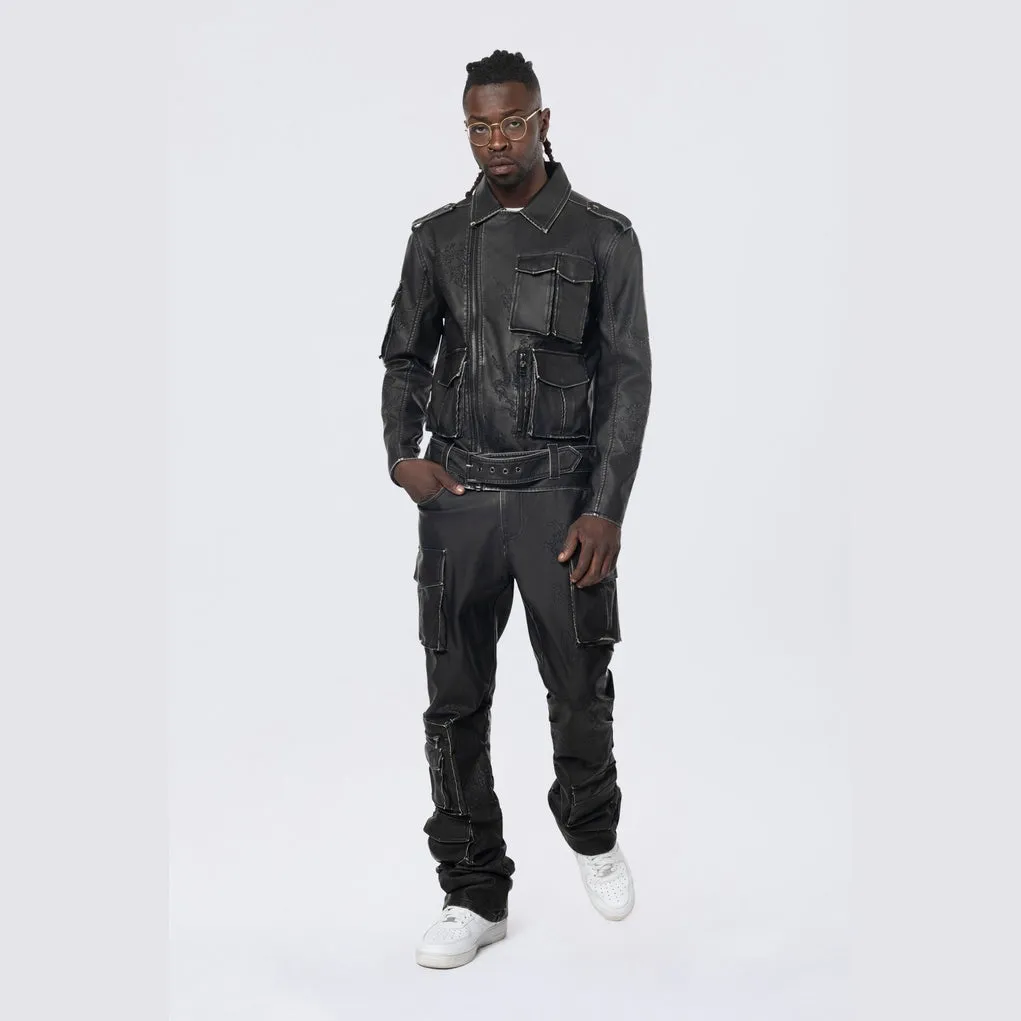 Washed Vegan Leather Biker Jacket - Washed Black