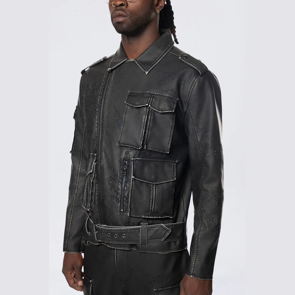 Washed Vegan Leather Biker Jacket - Washed Black