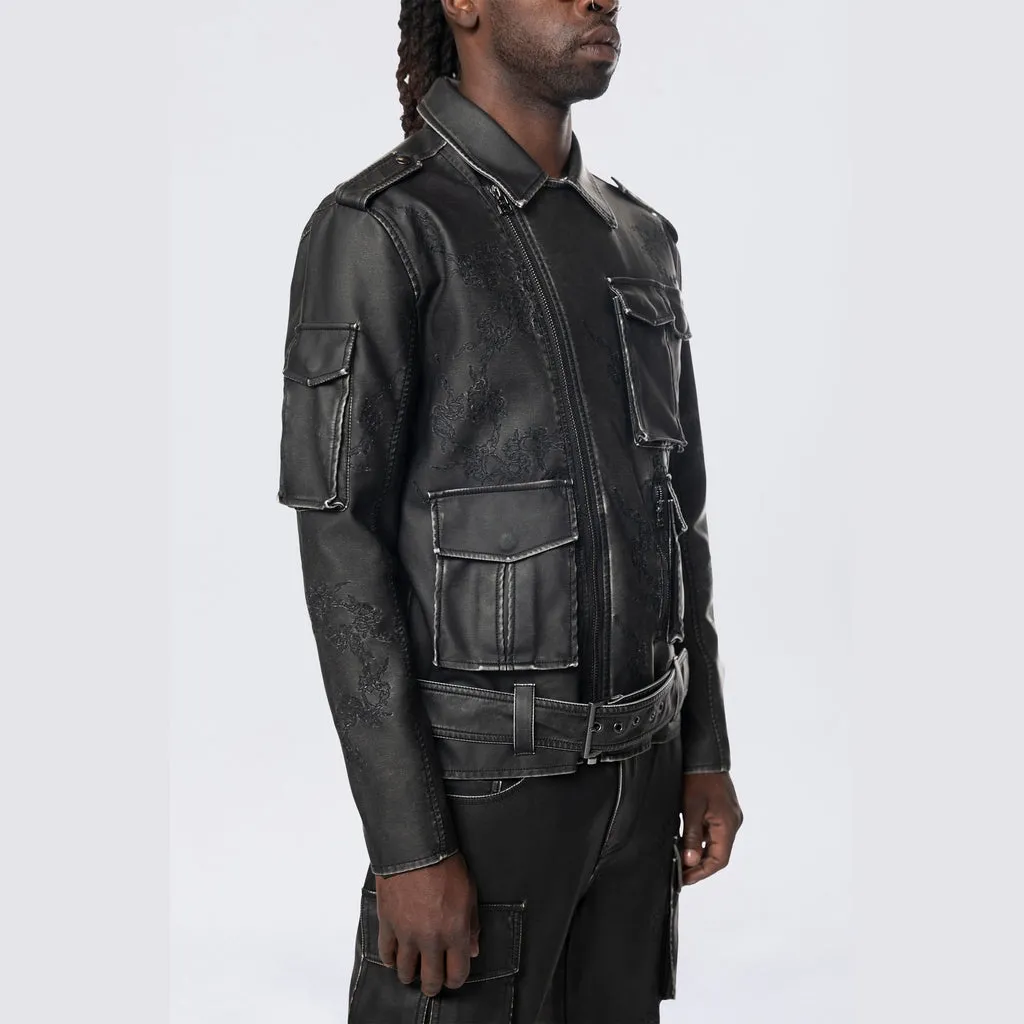 Washed Vegan Leather Biker Jacket - Washed Black