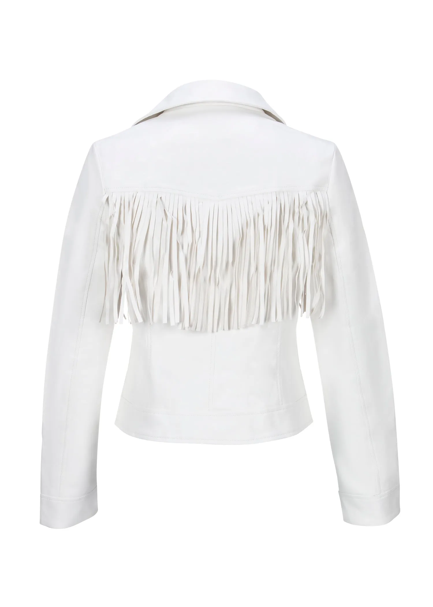 White Faux Leather Moto Jacket with Fringe