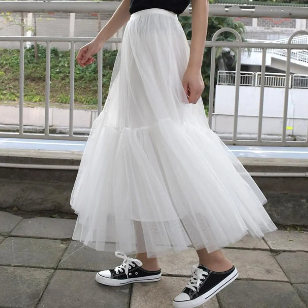 White High Waist Ruffled Long Tiered Women Party Female Maxi Green Tulle Skirt