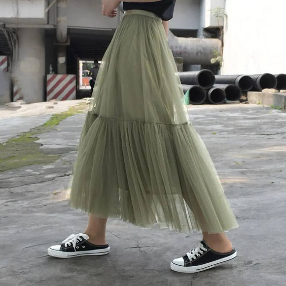 White High Waist Ruffled Long Tiered Women Party Female Maxi Green Tulle Skirt