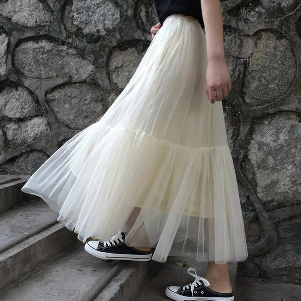 White High Waist Ruffled Long Tiered Women Party Female Maxi Green Tulle Skirt