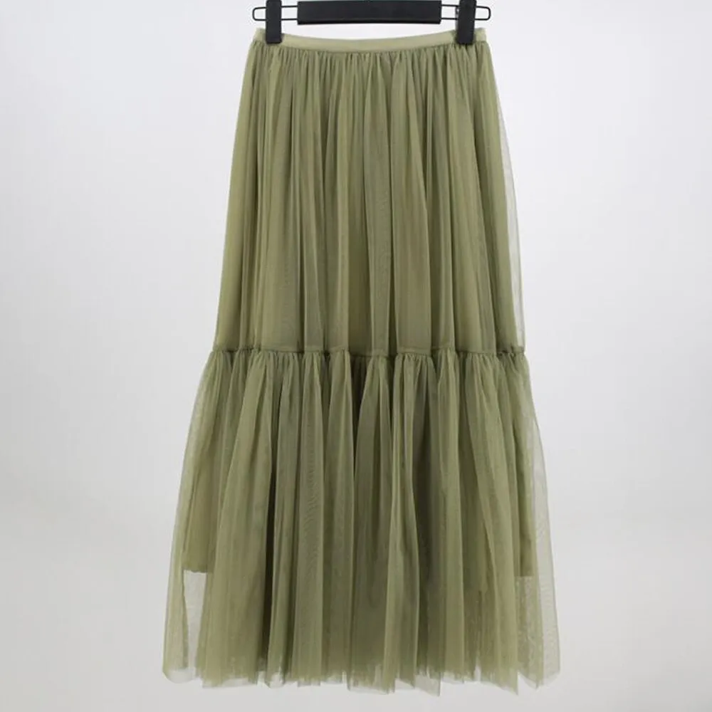 White High Waist Ruffled Long Tiered Women Party Female Maxi Green Tulle Skirt