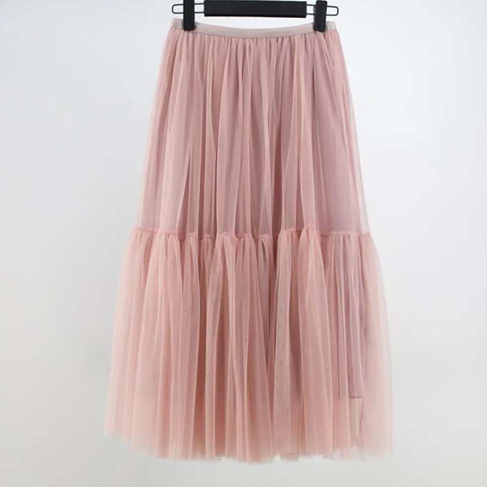 White High Waist Ruffled Long Tiered Women Party Female Maxi Green Tulle Skirt