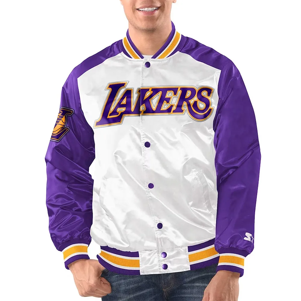 White/Purple LA Lakers Renegade Varsity Satin Jacket