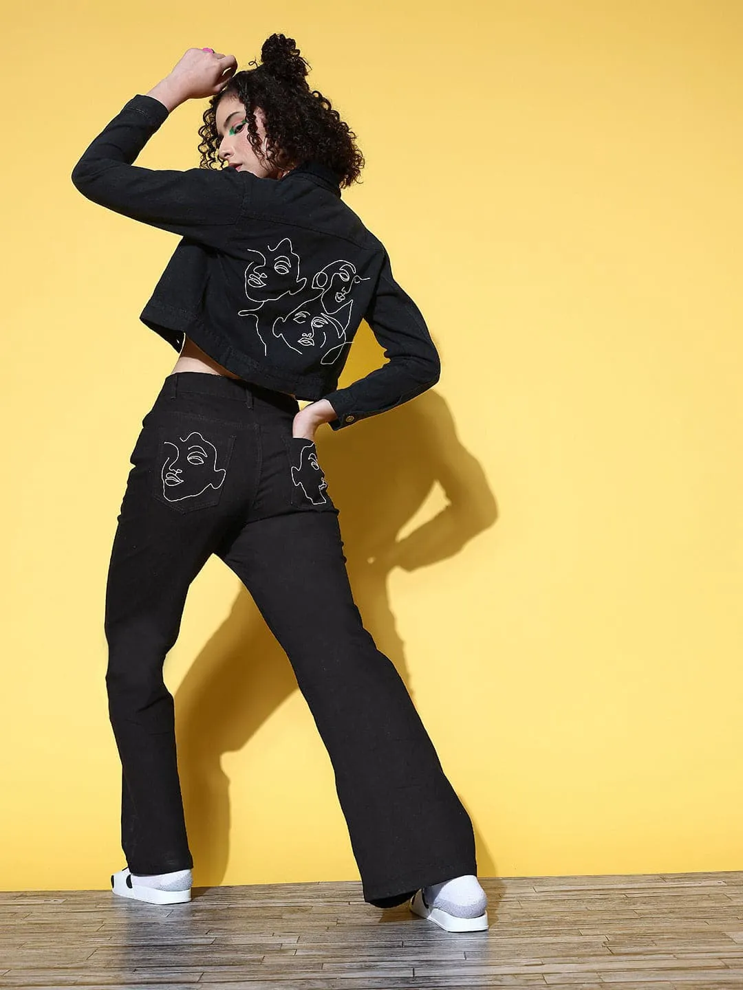 Women Black Embroidered Pocket Bell Bottom Jeans