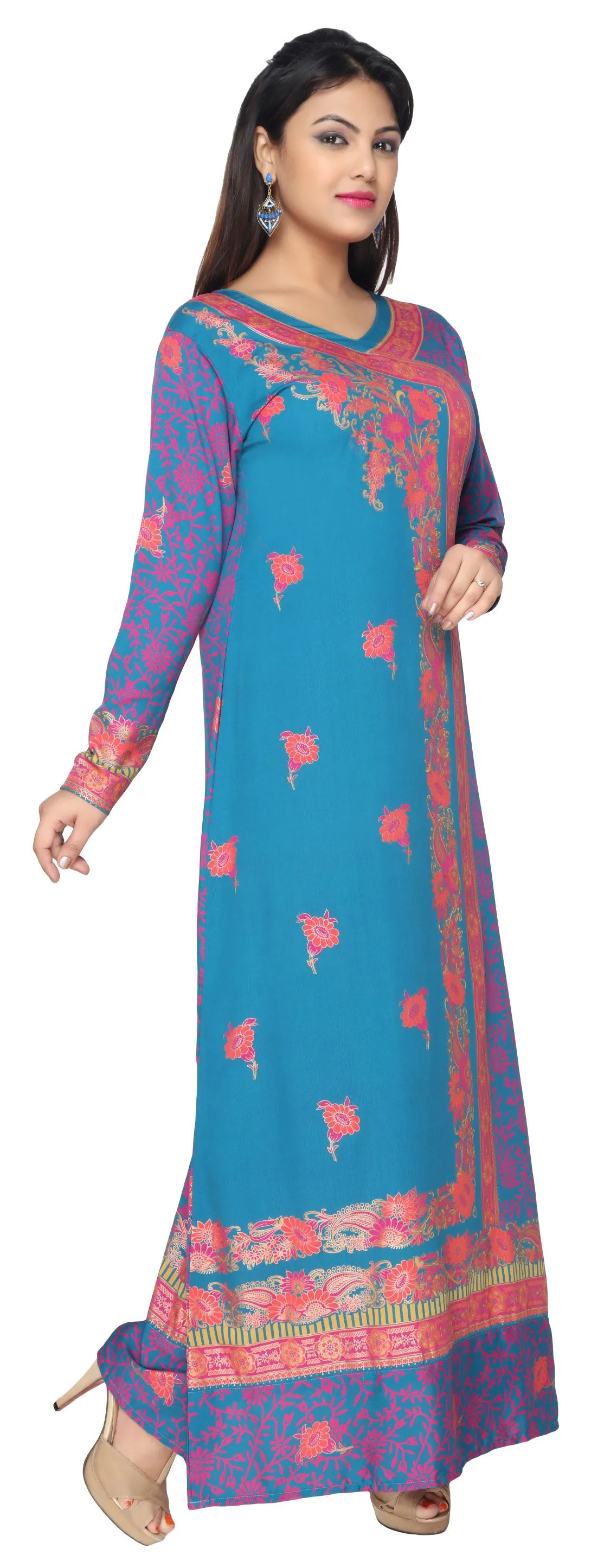 Womens Evening Printed Long Dress Abayas Kaftan (Blue)