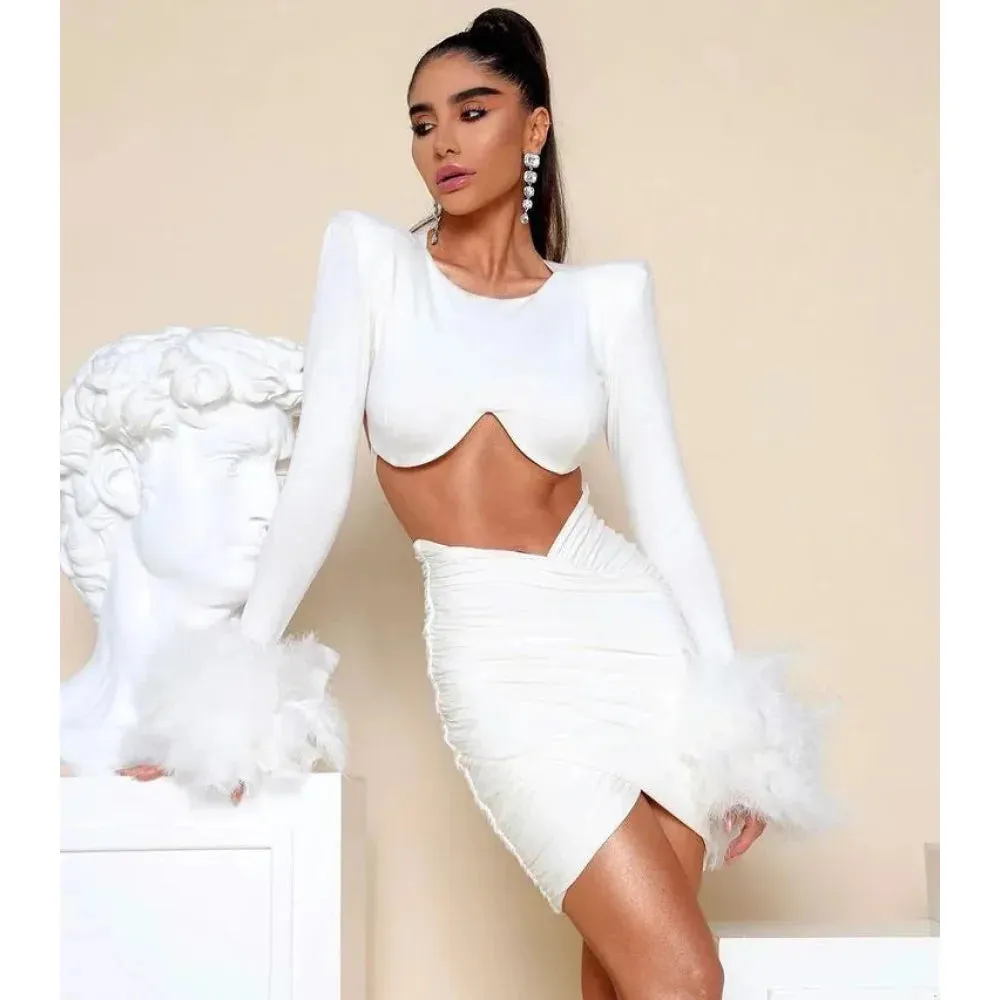 Women's Feather Decor Puff Sleeve Blazer Bandage Mini Skirt Two Piece Set