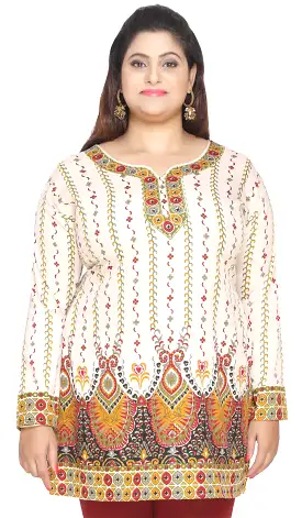 Womens Indian Tunics Kurti Top Printed Plus Size Apparel (Off-White)