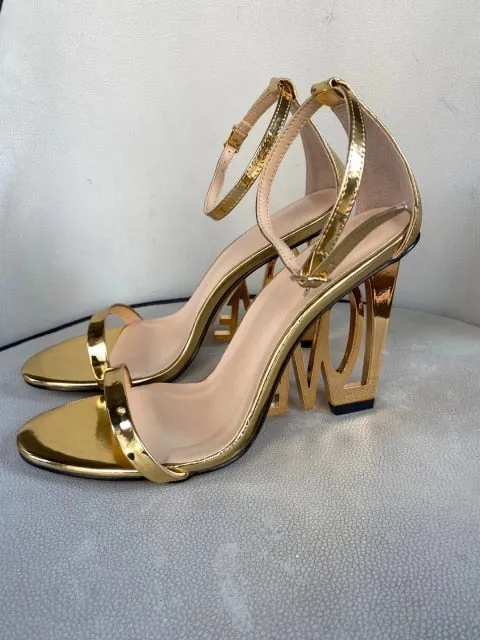 Women's Strange Style Gold Love High Heel Pumps with Ankle Strap