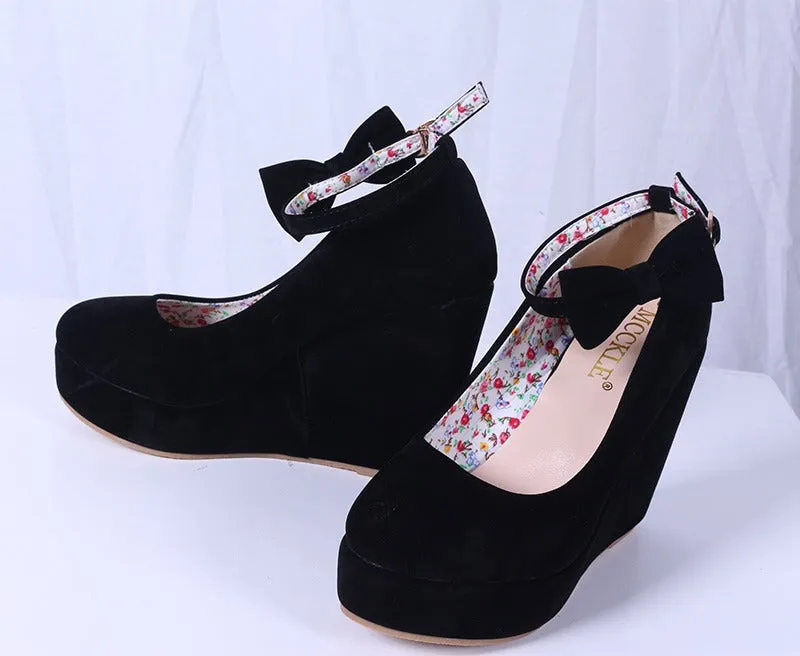 Women's Wedges High Heels Platform Black Casual Bowtie Pumps