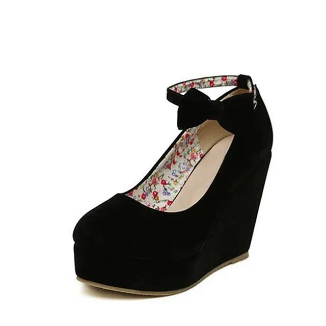 Women's Wedges High Heels Platform Black Casual Bowtie Pumps