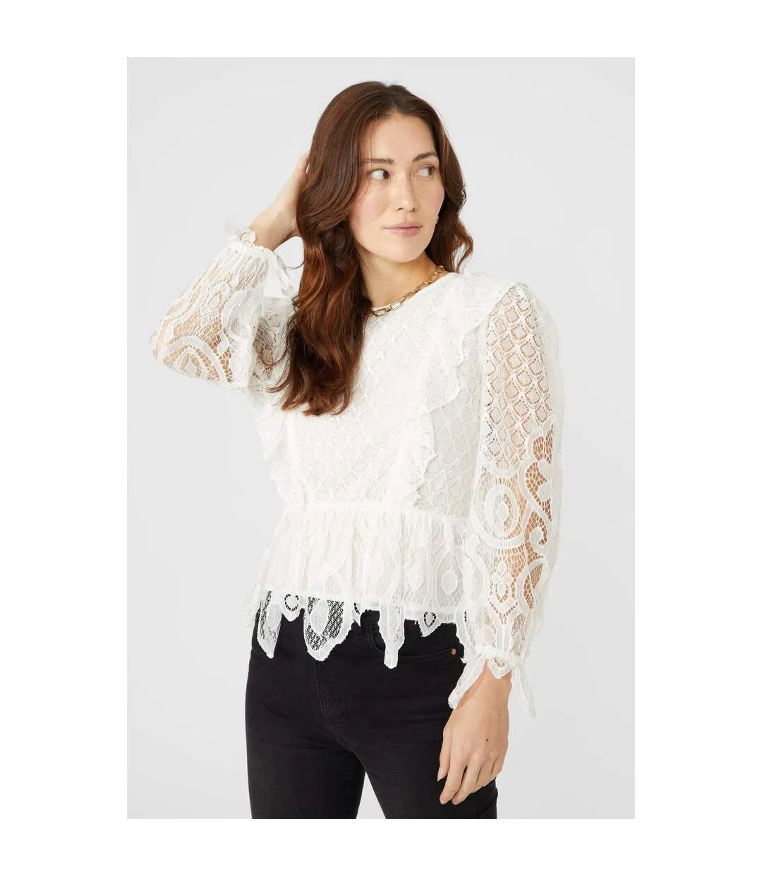 Womens/ladies lace frill top black Mantaray