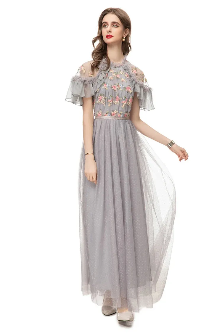 Zilpah Vintage Dot Party Mesh  Ruffles Embroidery High Waist Slim A-LINE Long Dress